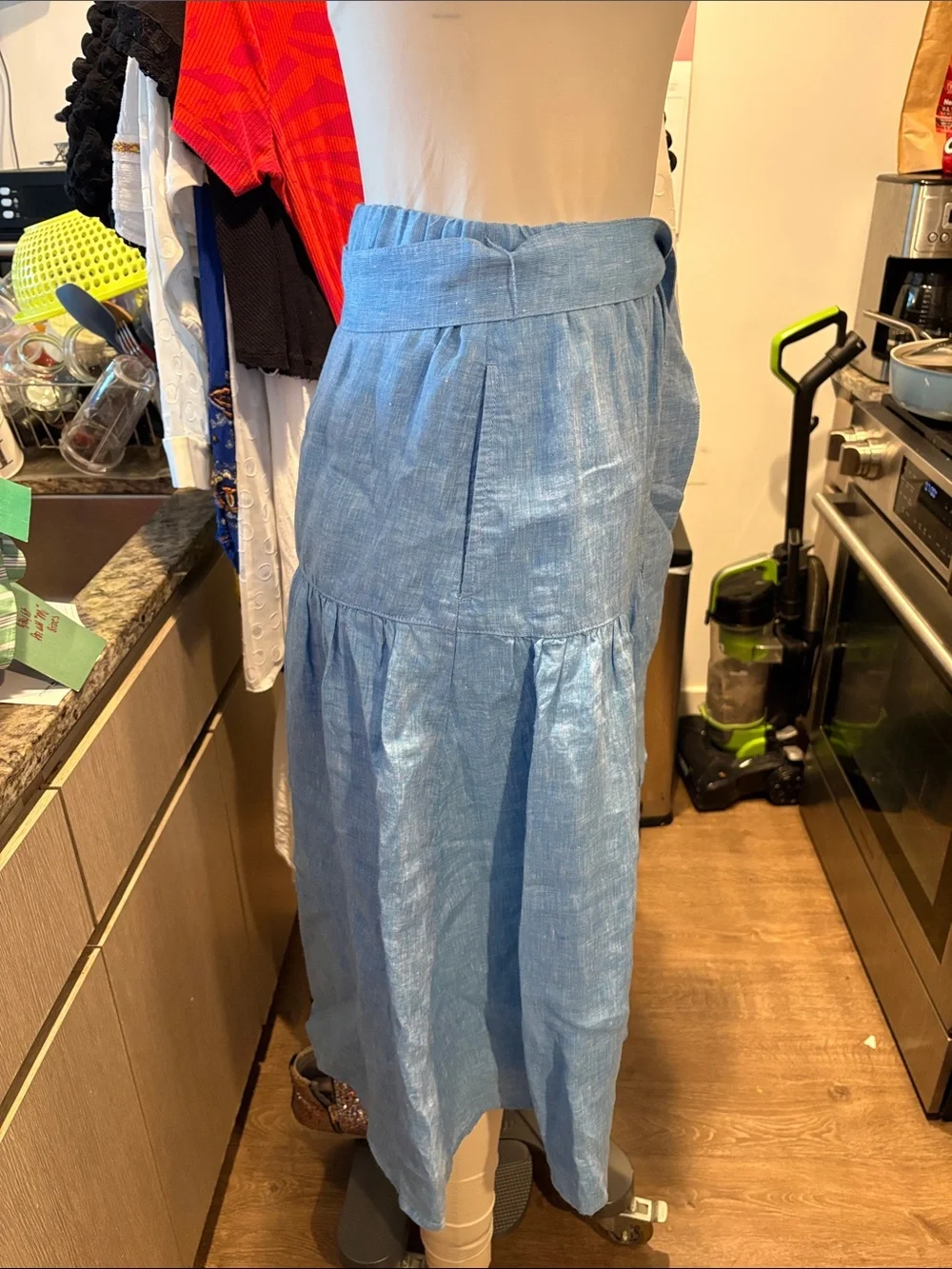 Talbots Light Blue Linen Tiered Tie-Waist Midi Skirt - Picture 5 of 6